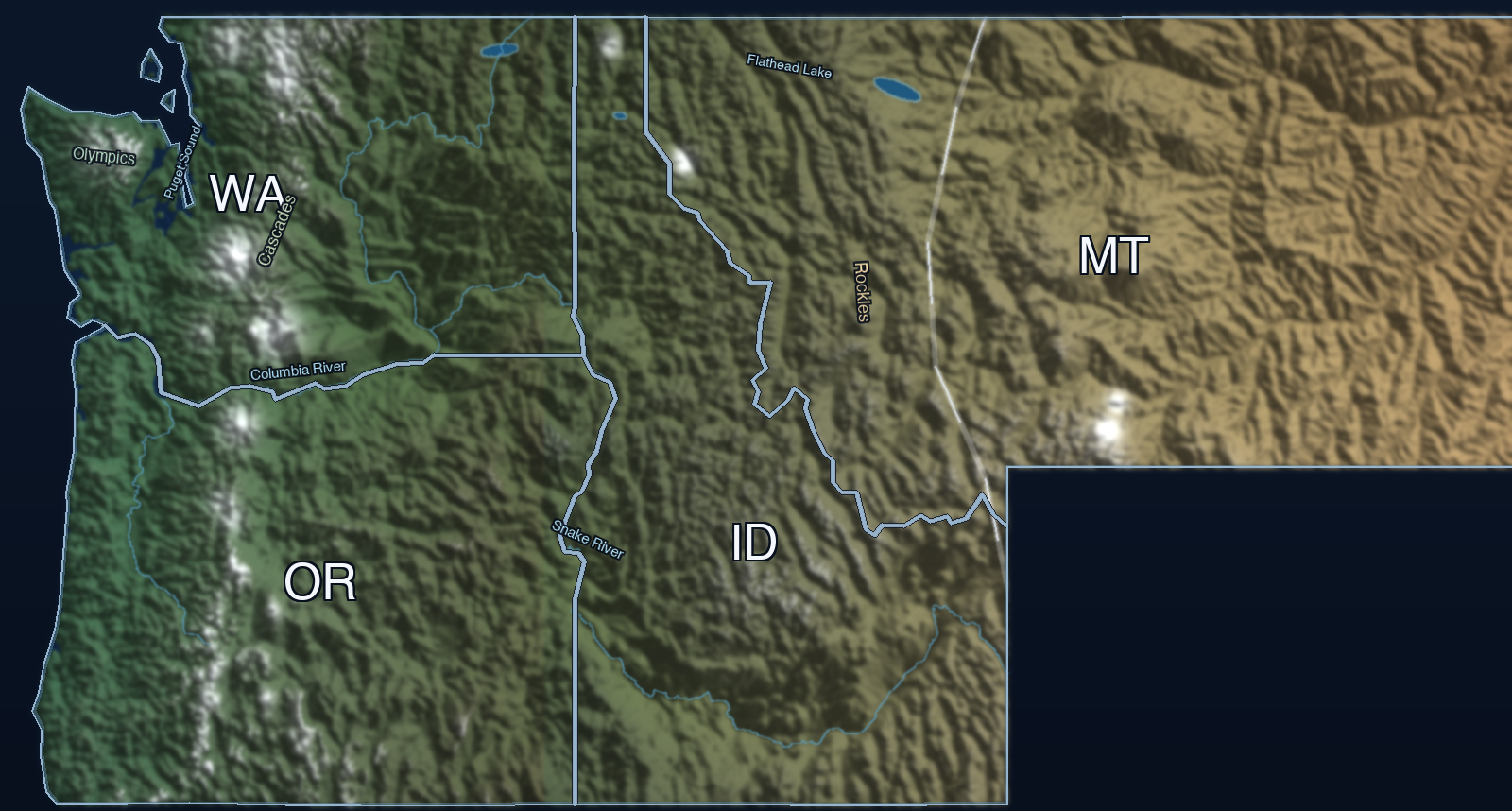 Stylized map of the Pacific Northwest service area: Washington, Oregon, Idaho and Montana, with the Olympic Mountains, Puget Sound, the Cascade Range, the Rocky Mountains, and the Continental Divide